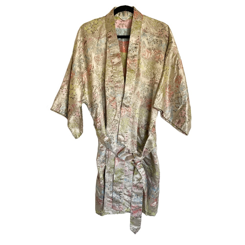 WHITBY Vintage Silk Woven Kimono Robe Chinese Self Tie Belt Golden Yellow OS